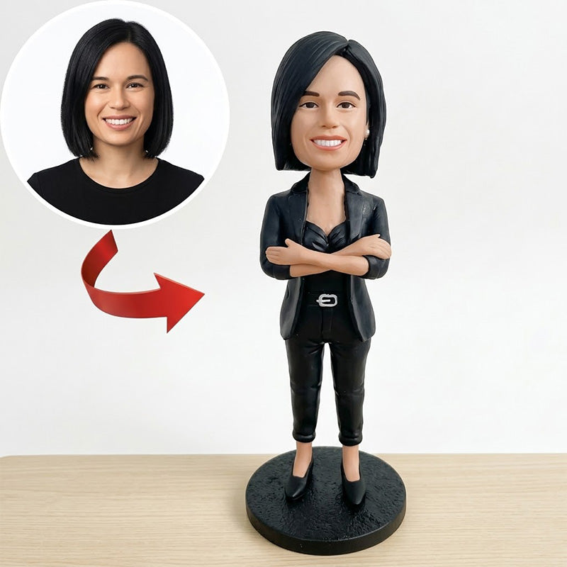 Custom Boss Lady Bobblehead from Photo – Personalized Professional Woman in Black Suit with Arms Crossed | Handmade Office Gift for Manager or Executive - ForeverBobble