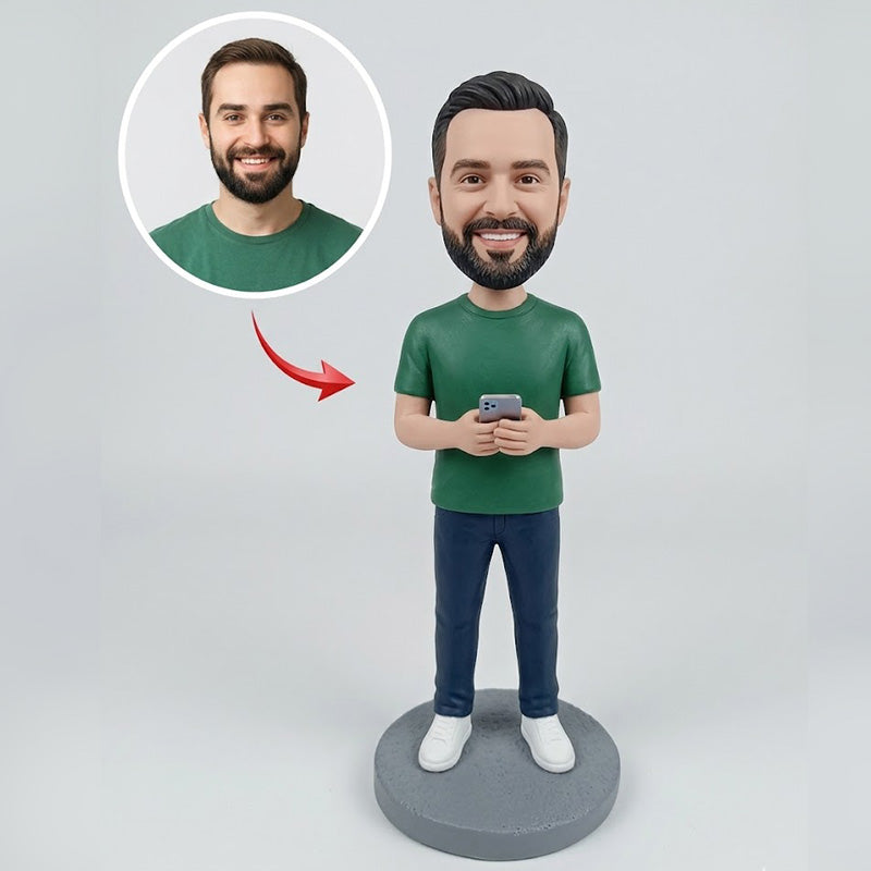 Custom Casual Man Bobblehead from Photo – Personalized Guy in Green Shirt Holding Phone | Handmade Gift for Boyfriend, Husband or Dad - ForeverBobble