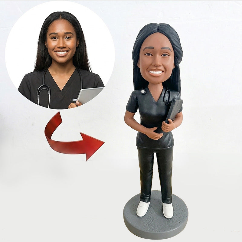 Custom Nurse Bobblehead from Photo – Personalized Confident Female Nurse Holding Tablet | Shareable Medical Gift for Her - ForeverBobble