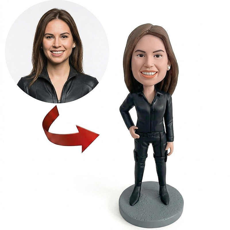 Custom Boss Lady Bobblehead from Photo – Personalized Confident Woman in Black Leather Jacket with Bold Pose | Shareable Office Gift for Female Boss - ForeverBobble