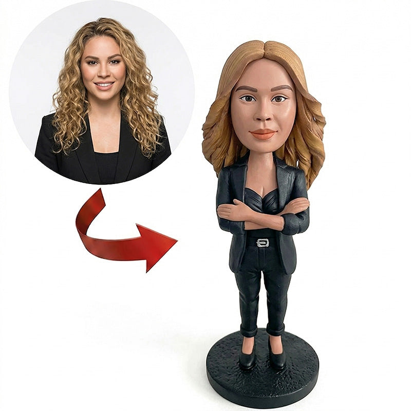 Custom Boss Lady Bobblehead from Photo – Personalized Confident Woman in Black Blazer with Arms Crossed | Shareable Professional Office Gift for Female Boss - ForeverBobble