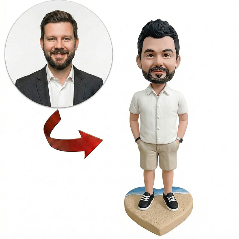 Custom Casual Man Bobblehead from Photo – Personalized Beach Style Gift for Him