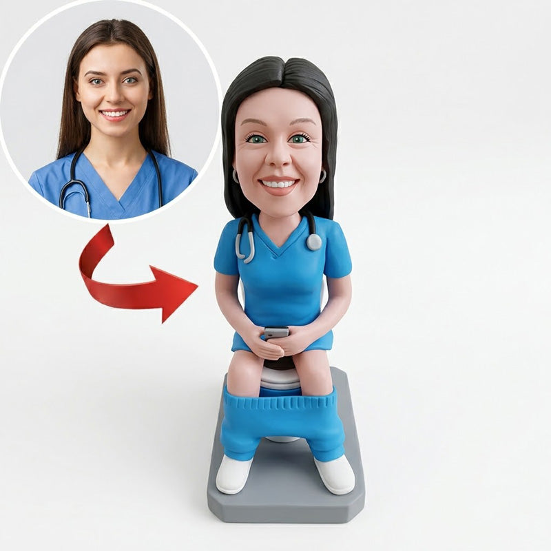 Custom Nurse Bobblehead from Photo – Personalized Funny Female Nurse Sitting on Toilet with Phone | Handmade Hilarious Medical Gift - ForeverBobble