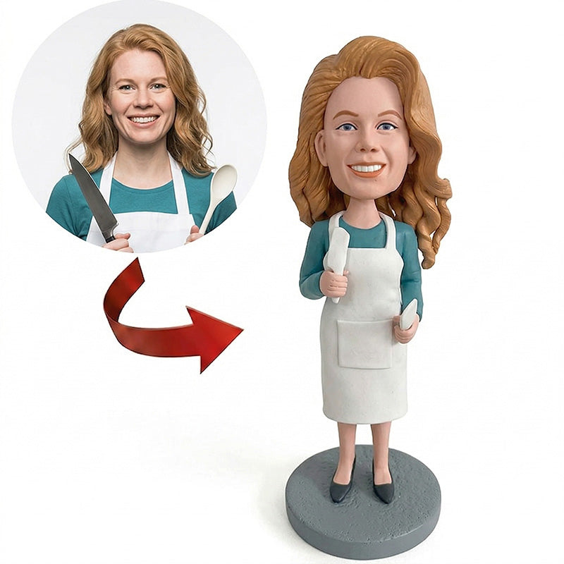 Custom Chef Bobblehead from Photo – Personalized Woman in Apron Holding Knife & Spoon | Shareable Cooking Gift for Mom or Wife - ForeverBobble