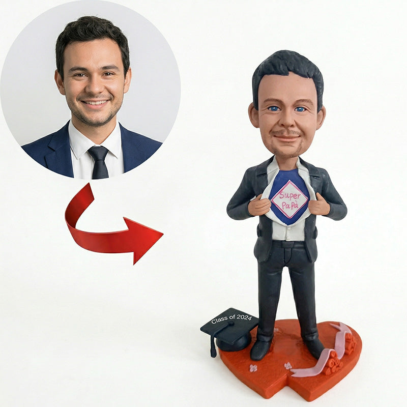 Custom Super Dad Bobblehead from Photo – Personalized Graduation Gift with Super Papá Shirt & Heart Base | Handmade Class of 2026 - ForeverBobble