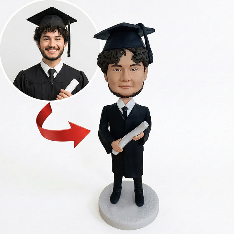 Custom Graduation Bobblehead from Photo – Personalized Male Graduate in Cap & Gown Holding Diploma | Handmade Graduation Gift - ForeverBobble