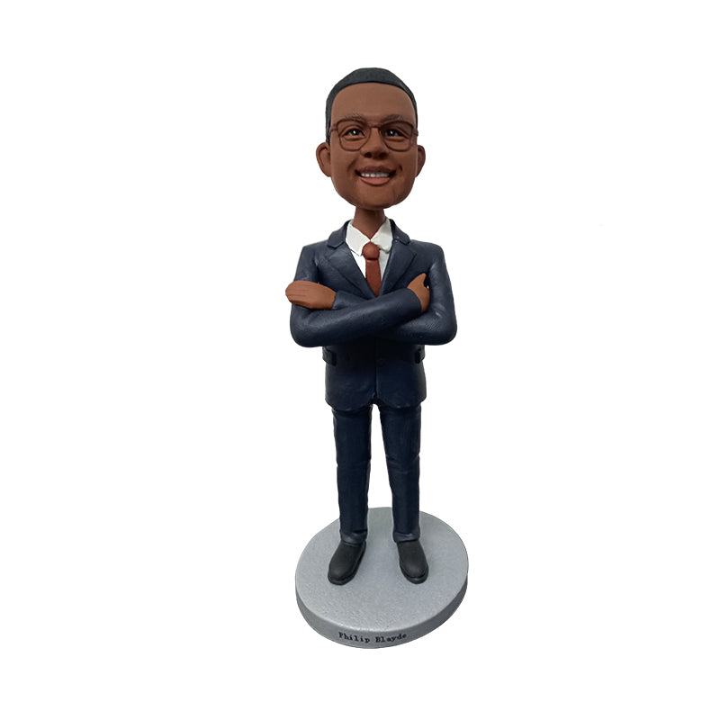 Custom Boss Bobblehead from Photo – Personalized Male Boss in Suit with Arms Crossed | Handmade Office Gift for Manager or Executive - ForeverBobble