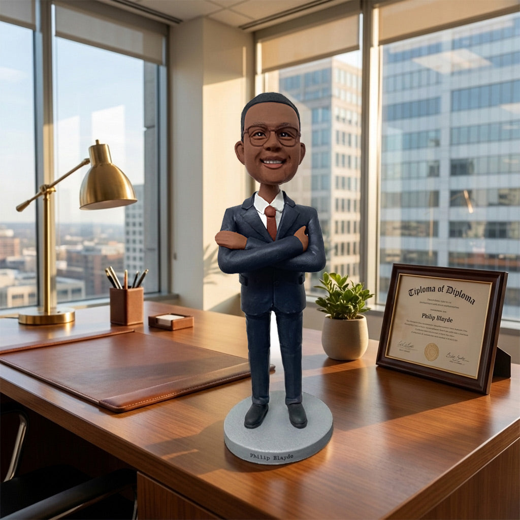Custom Boss Bobblehead from Photo – Personalized Male Boss in Suit with Arms Crossed | Handmade Office Gift for Manager or Executive - ForeverBobble