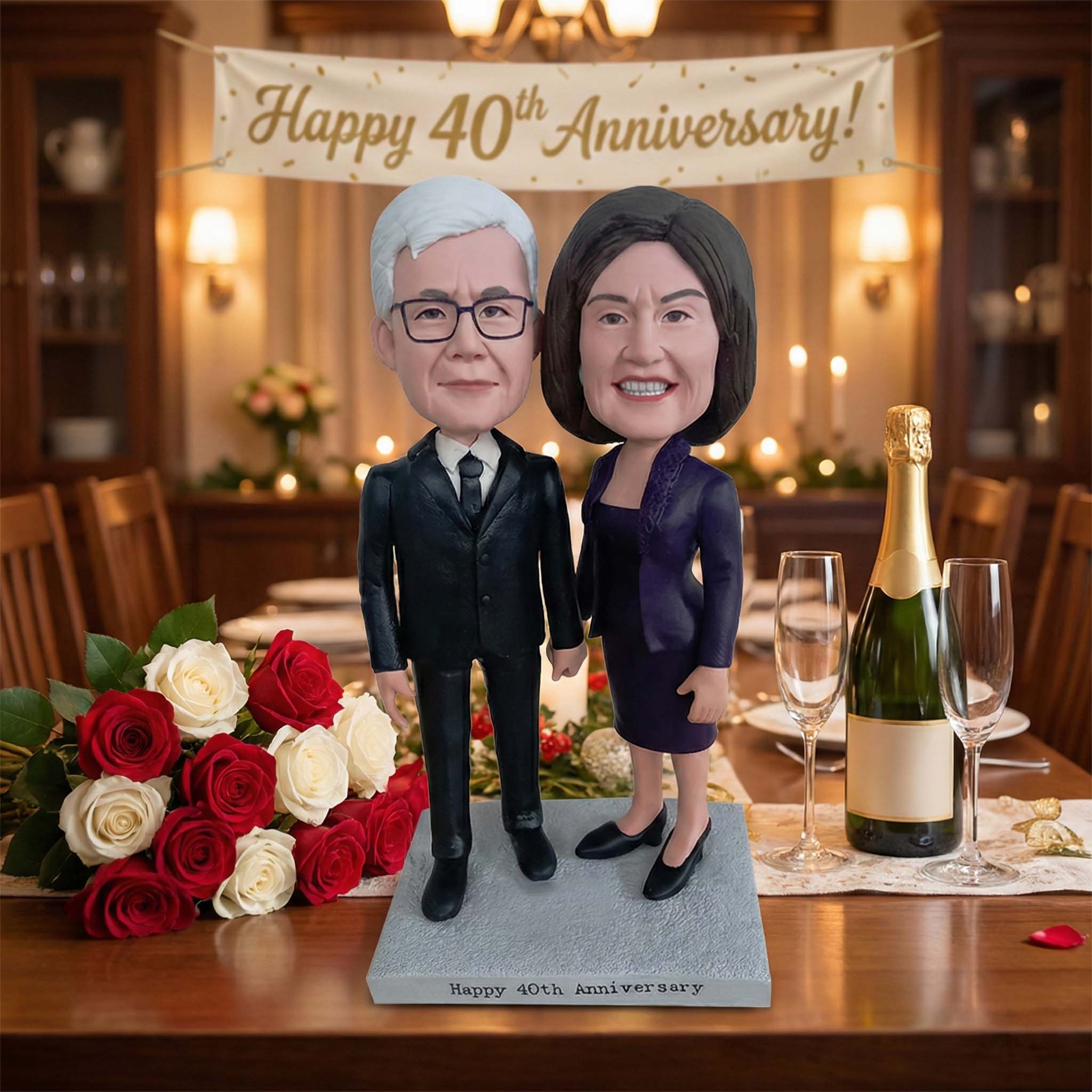 Valentine's Day Gifts Couple Blue Outfit Sitting on 2026 Couple Custom Bobblehead With Engraved Text Valentine's Day Gift