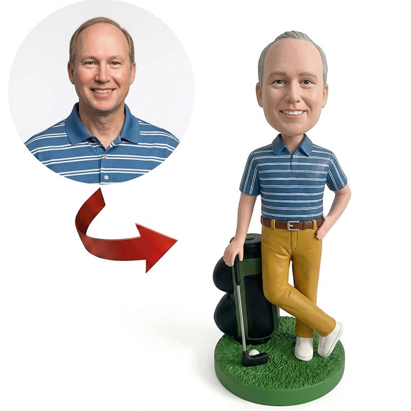 Custom Golfer Bobblehead from Photo – Personalized Man in Striped Polo Shirt with Golf Bag & Club | Handmade Golf Lover Gift for Dad or Husband - ForeverBobble