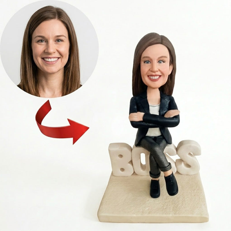 Custom Boss Bobblehead from Photo – Personalized Female Boss Sitting on “BOSS” Letters | Handmade Office Gift for Manager or Executive - ForeverBobble