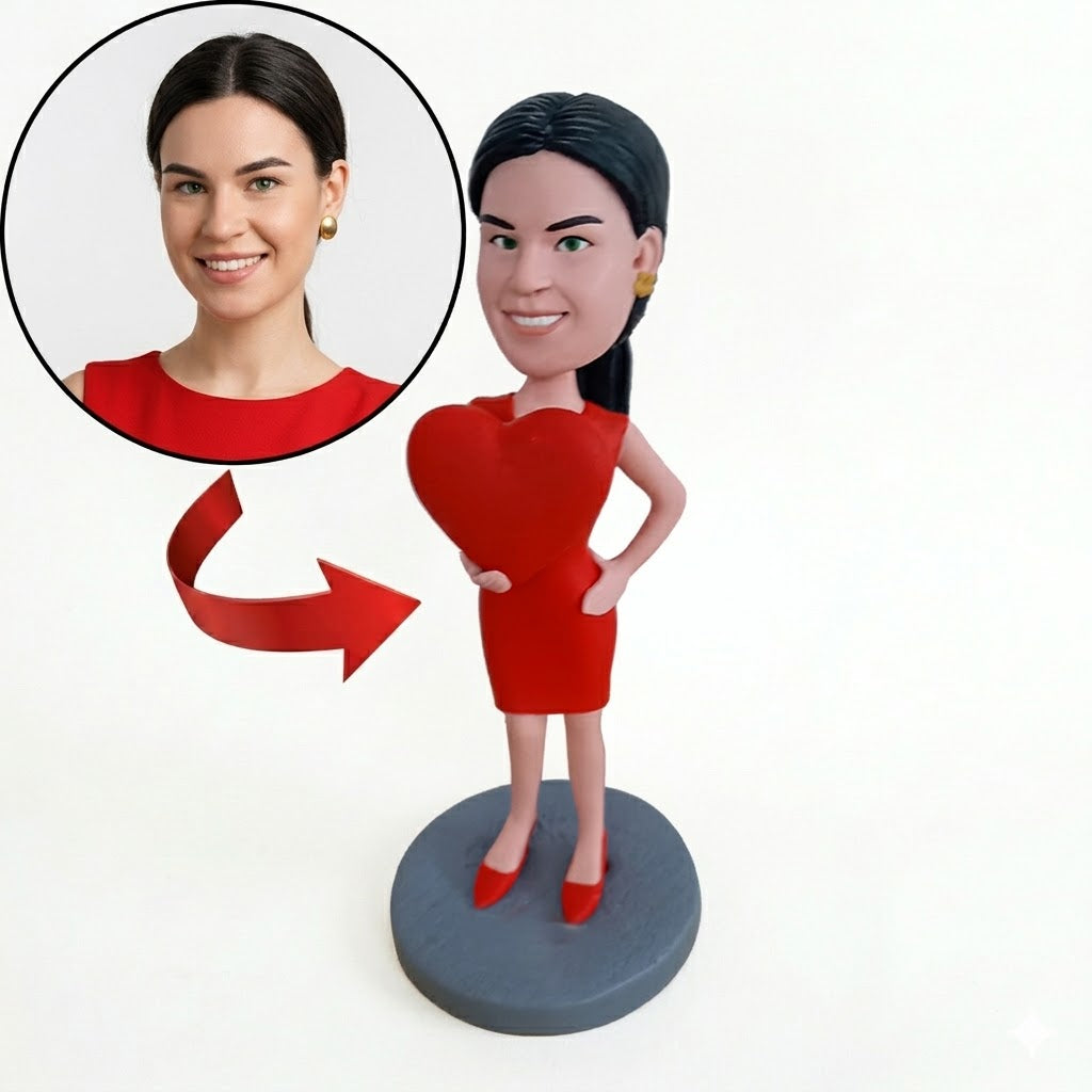 Custom Woman Bobblehead from Photo – Personalized Lady Holding Big Red Heart in Red Dress | Romantic Handmade Gift for Valentine's Day, Anniversary or Birthday - ForeverBobble
