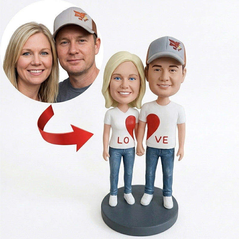 Custom Couple Bobblehead from Photo – Personalized LOVE Heart T-Shirt Matching Gift | Handmade Romantic Figurine for Valentine's Day - ForeverBobble